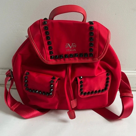 V 1969 Italia Bright Red Fabric Nylon Studded Backpack Bag NWT Medium Purse - Picture 2 of 7